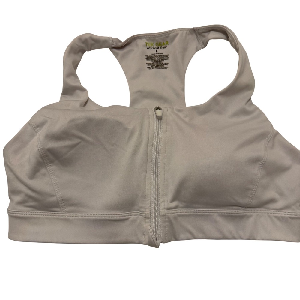 Tek Gear Womens Front Zip post surgical Sports Bra Gray Racerback Mesh Size L